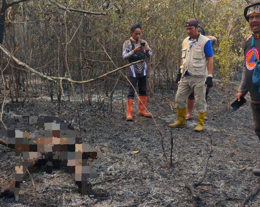 WhatsApp Image 2023-09-23 at 18.49.19 Sesosok mayat tanpa identitas dan susah dikenali ditemukan terpanggang di Gunung Kupang RT 1, Kota Banjarbaru, Kalsel, Sabtu (23/9/2023) siang. Tampak di foto di sekitarnya ada beberapa pria dan pepohonan serta tanaman di sekelilingnya hangus terbakar. Foto: istimewa