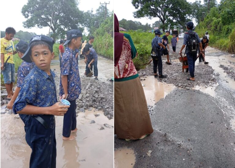 Jalan Penghubung 4 Kecamatan di Banjar Rusak Parah, Siswa pun Ikut Perbaiki Jalan